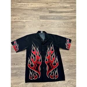 Vintage Shaolin Flame Button Up Shirt XL Black Red Y2K Bowling Rockabilly